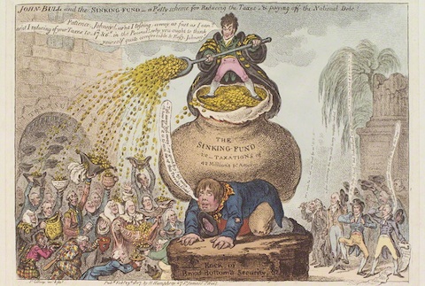'John Bull and the sinking-fund - a pretty scheme for reducing the taxes & paying-off the national debt!' by James Gillray, published by Hannah Humphrey hand-coloured etching, published 23 February 1807 NPG D12885 © National Portrait Gallery, London 'John Bull and the sinking-fund - a pretty scheme for reducing the taxes & paying-off the national debt!' by James Gillray, published by Hannah Humphrey hand-coloured etching, published 23 February 1807 NPG D12885 © National Portrait Gallery, London