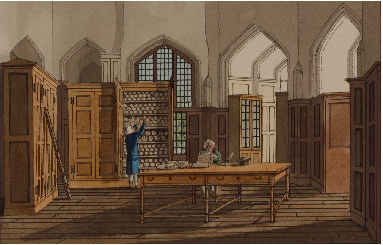 View of the interior of the Record Office, in the Tower of London; a man sits reading scrolls at a large desk in centre of room, another replaces scrolls into a large cupboard at back of room. 1801. Drawn by: Charles Tomkins. &copy; The Trustees of the British Museum